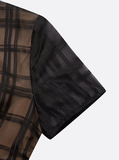 Black Organza Plaid Classic V Neck Short Sleeve Sheath Midi Dress