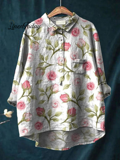 Women's Flower Print Casual Cotton And Linen Shirt