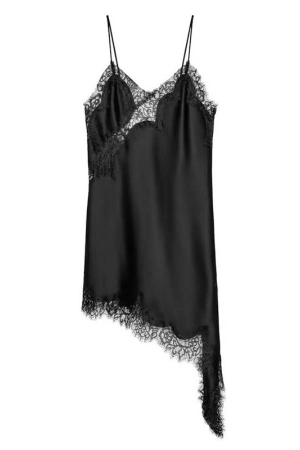 Lace-Paneled Satin Slip Dress with Asymmetrical Hem