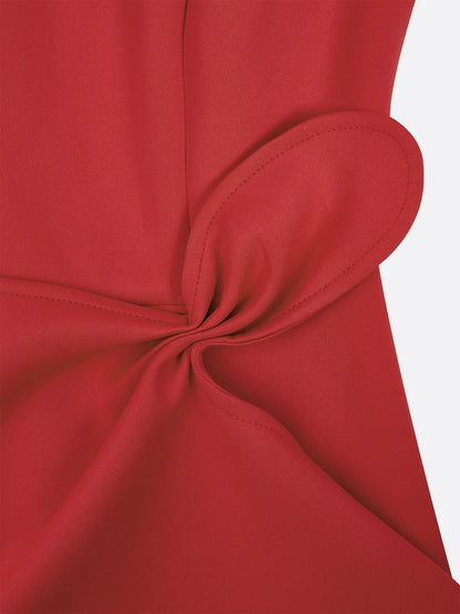 Red Asymmetric Ruffled Classic Boat Neck Sleeveless Midi Elegant A-line Dress with Waist Twist for Day-to-Night