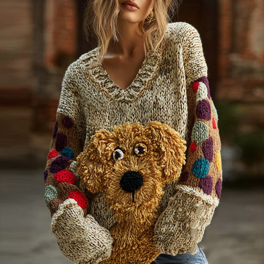 Lady Retro Cute Dog Plush Comfortable Knitted Sweater.