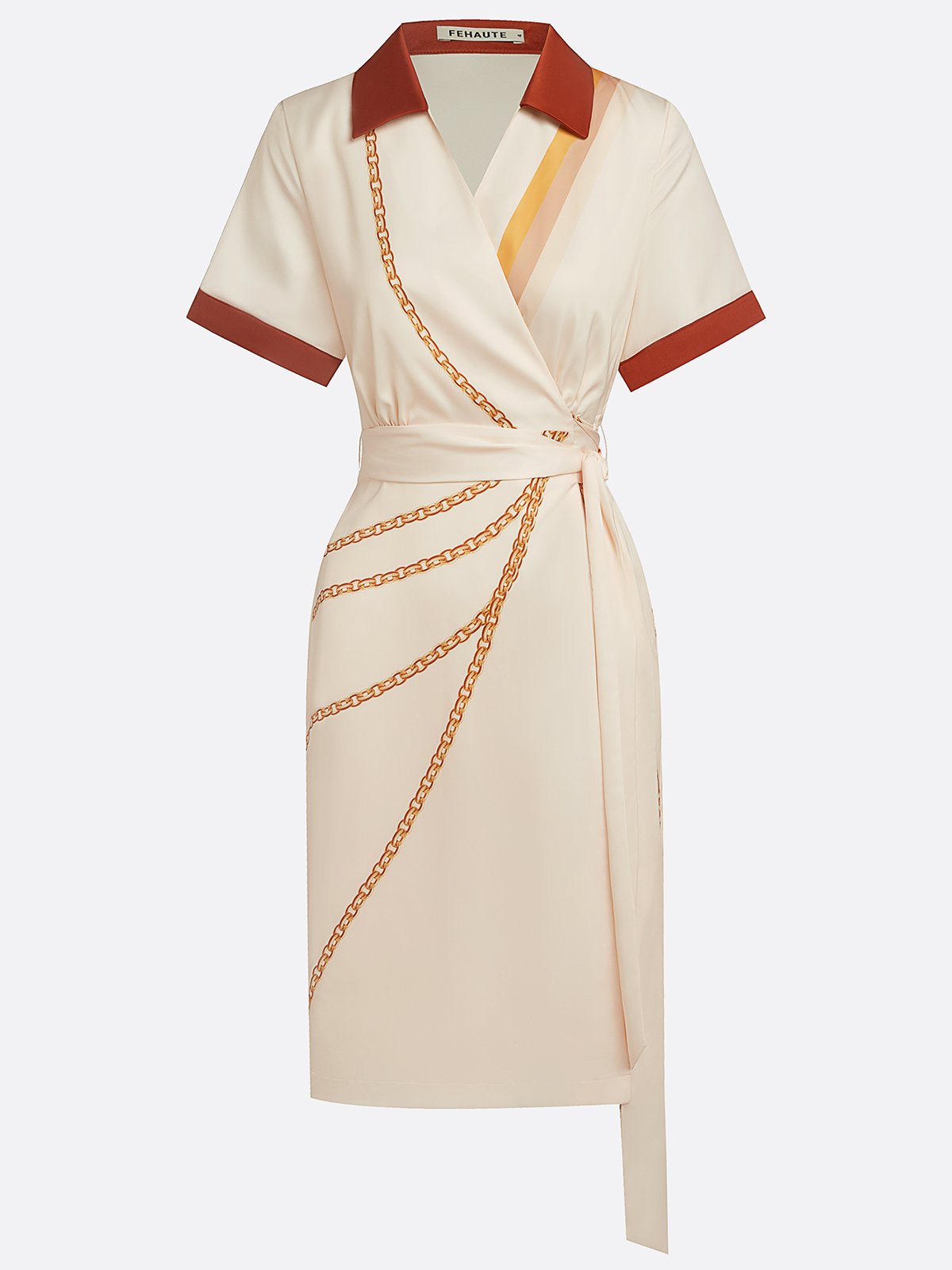 Apricot Wrap Dress Shirt Collar Short Sleeve Sheath Midi Dress