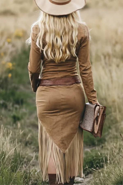 Vintage Western Lapel Zipper Tassel Midi Dress