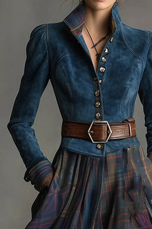 Retro Ethnic Style Blue Faux Suede Plaid Maxi Dress