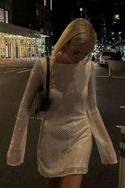 Glittering Sequin Draped Trim Backless Long Sleeve Mini Dresses-White