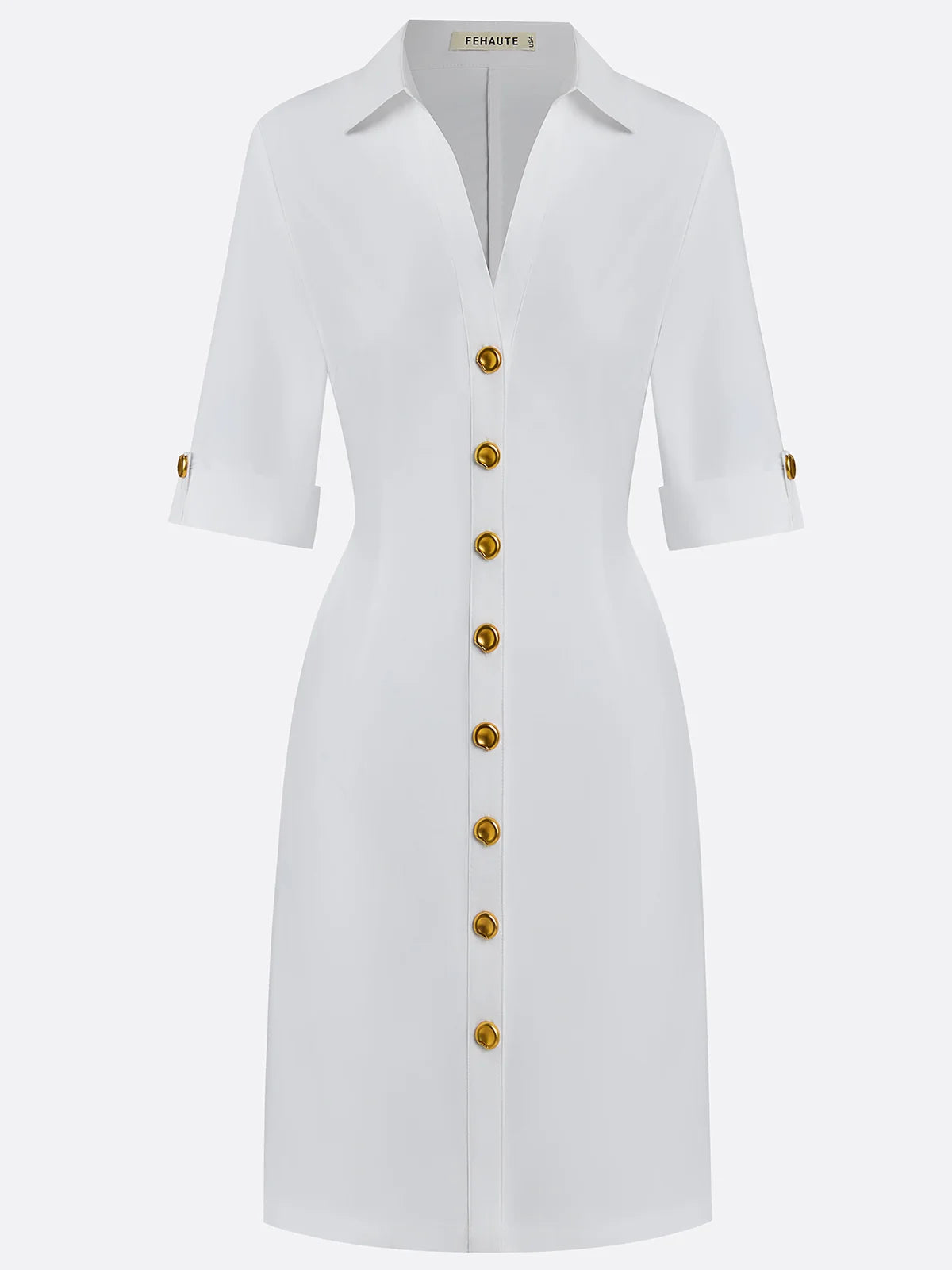 White Buckle Cotton Shirt Collar Short Sleeve Sheath Midi  Dress