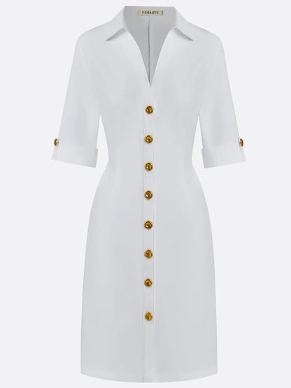 White Buckle Cotton Shirt Collar Short Sleeve Sheath Midi  Dress
