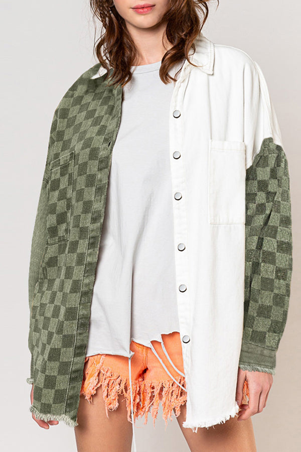 Check Panel Fringe Denim Jacket