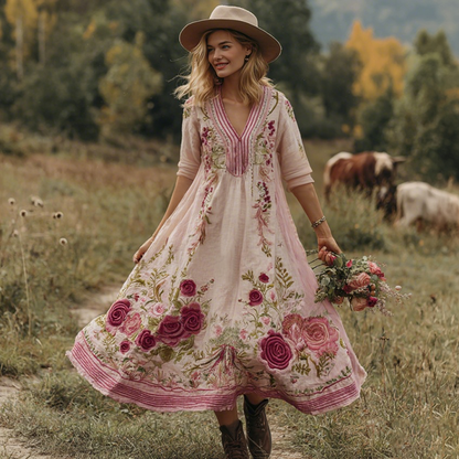Classy Gradient Pink Roses And Striped  Embroidered Linen Maxi Dress 67f2