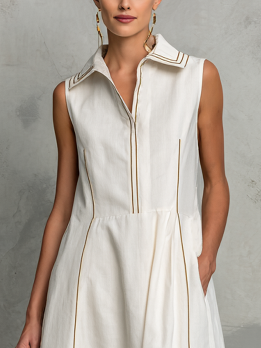 Women's Simple White Cotton Linen Sleeveless A-Line Midi Dress With Contrasting Stitching MDZ2487D7GMJ
