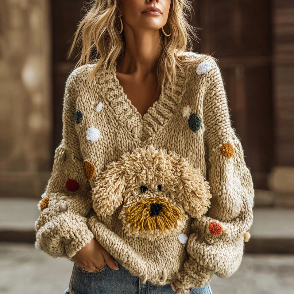 Lady Retro Cute Dog Plush Comfortable Knitted Sweater.