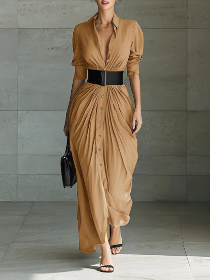 Ladies Lapel Long Sleeve Single Breasted Belt Maxi Dress