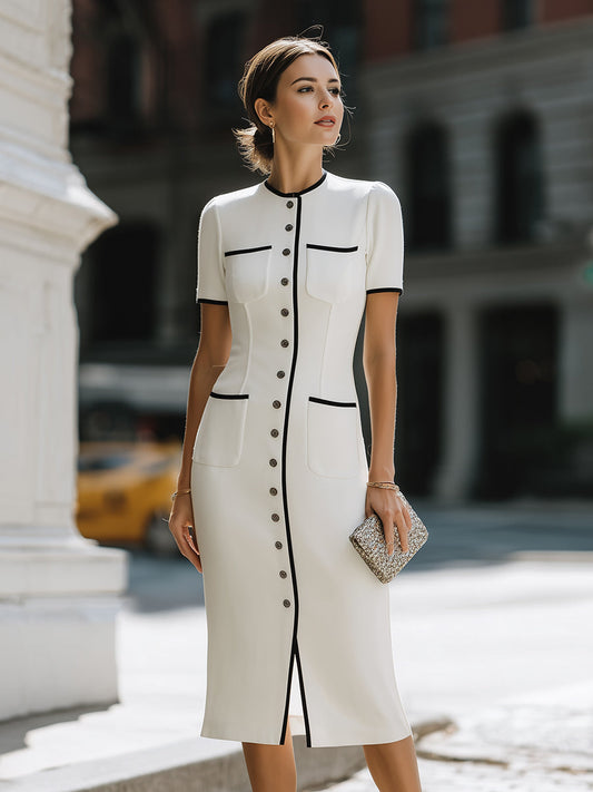 Contrast Trim Button-Front Tailored Midi Dress