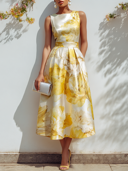 Yellow Floral Satin Boat Neck Sleeveless A-Line Midi Dress