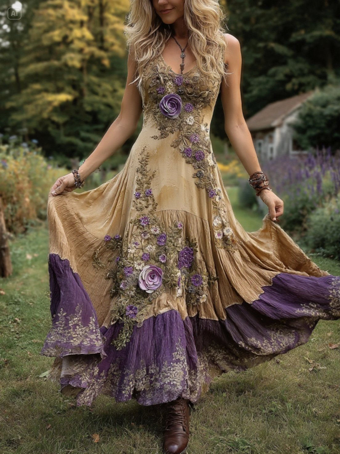 Classy Gradient Purple Lavender And Floral Embroidered Linen Maxi Dress 06e3