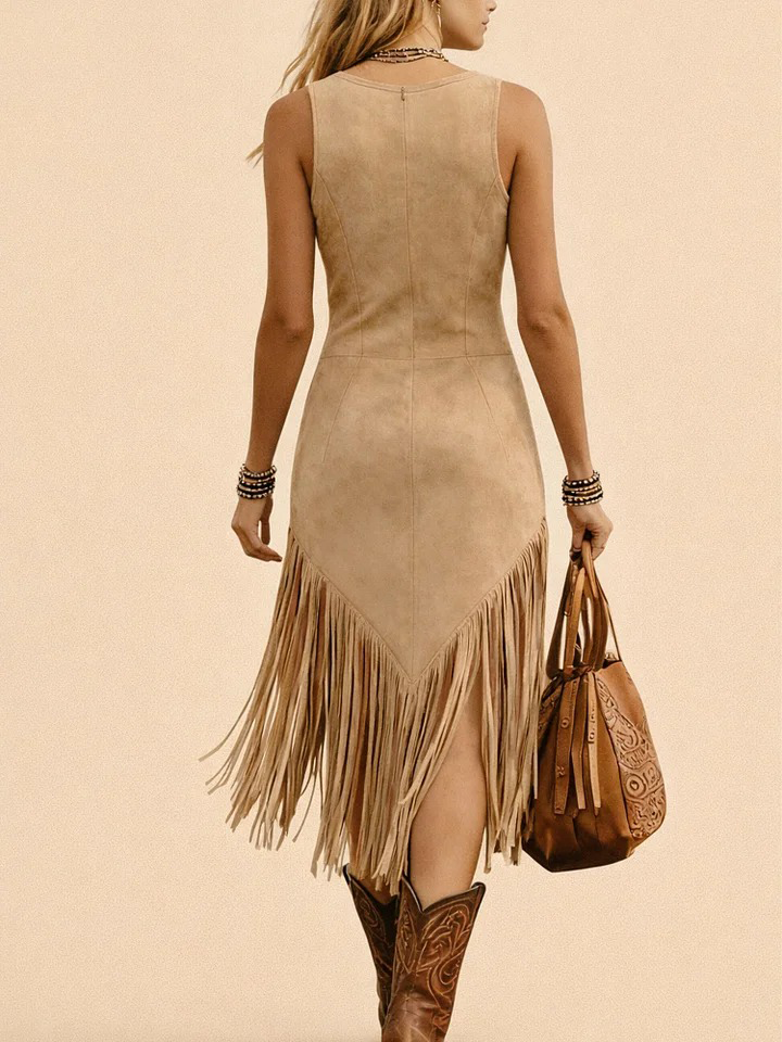 Suede Fringe Midi Dress Women Boho Western Style Sleeveless V-Neck Bodycon Dress With Tassel Hem For Casual Outfits