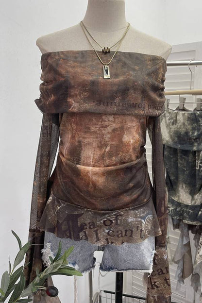 Art print off-the-shoulder pleated mesh top