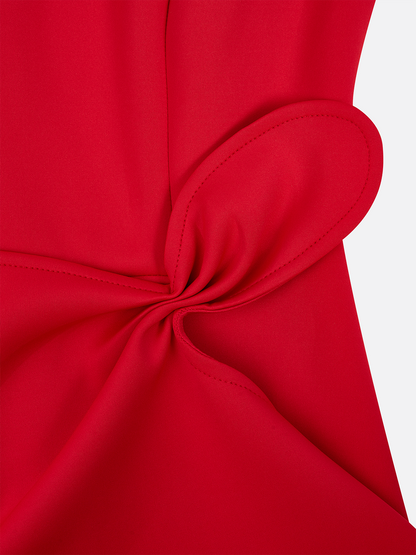 Red Sleeveless Midi Dress Elegant Ruched Waist & Flounce Hem for Weddings and Parties