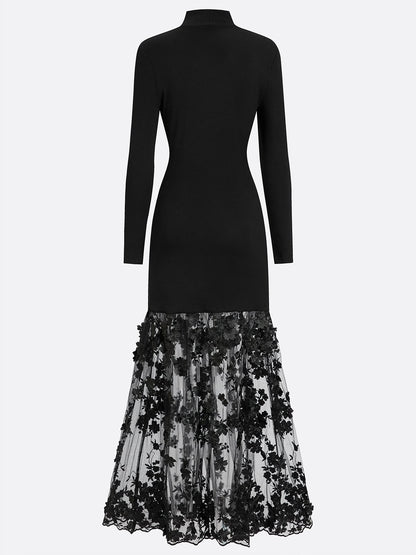 Black Mesh Floral Knit Mock Neck Long Sleeve A-Line Maxi Dress