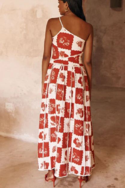 Linen Blend Unique Print One Shoulder Flared Maxi Dress