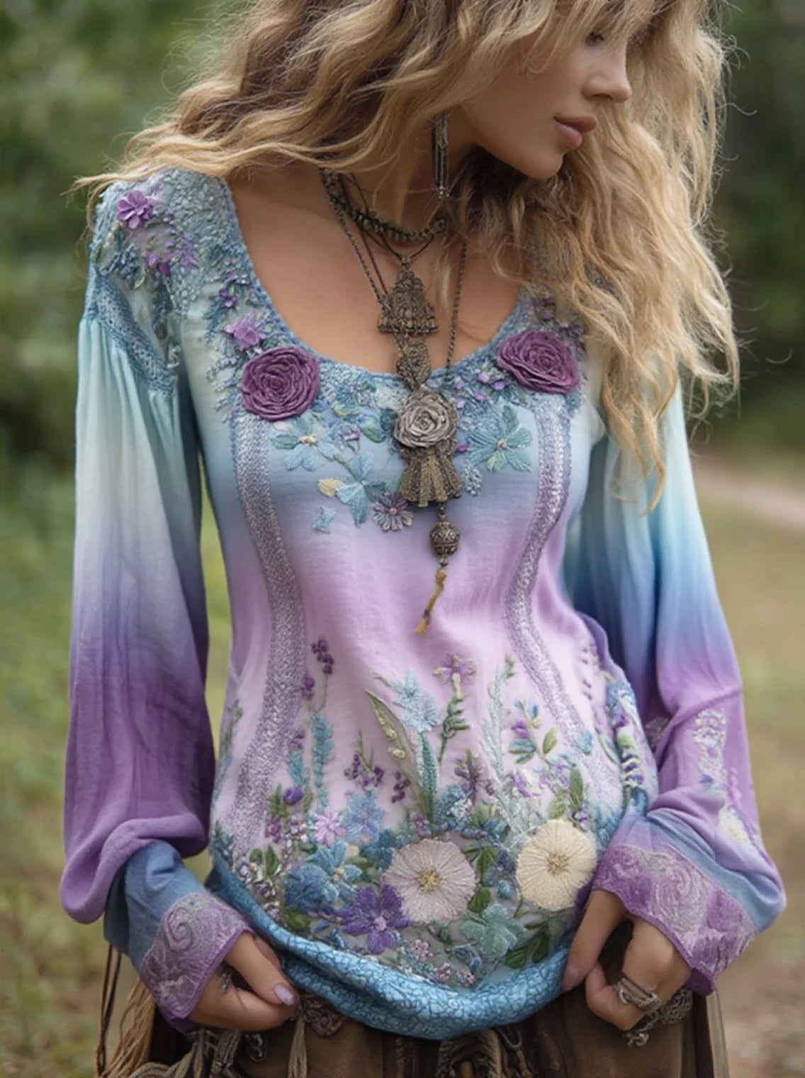 Classy Gradient Purple Lavender And Floral Embroidered Linen Long Sleeve Shirt d426