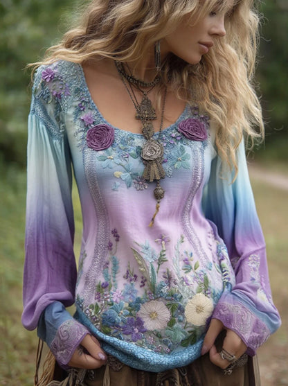 Classy Gradient Purple Lavender And Floral Embroidered Linen Long Sleeve Shirt d426