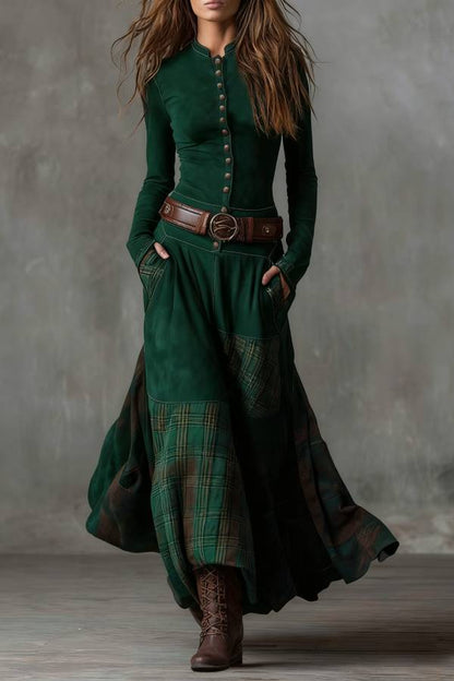 Navy Plaid Paneled Vintage Suede Maxi Dress