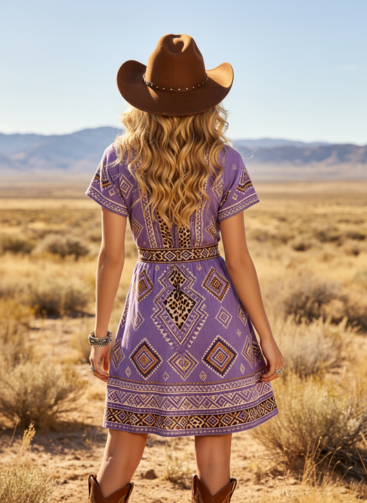 Women's Western Cowboy Boho Print V-Neck Short Dress With Leopard Pattern And Geometric Design