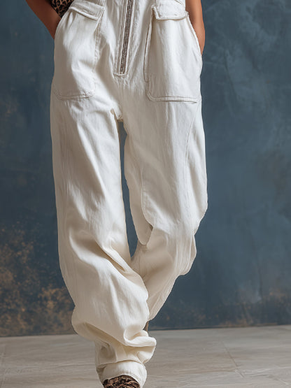 Stylish Silhouette White Denim Sleeveless Jumpsuit