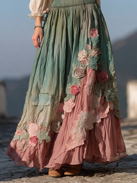 Vintage Boho Roses Embroidered Gradient Flowy Linen Skirt