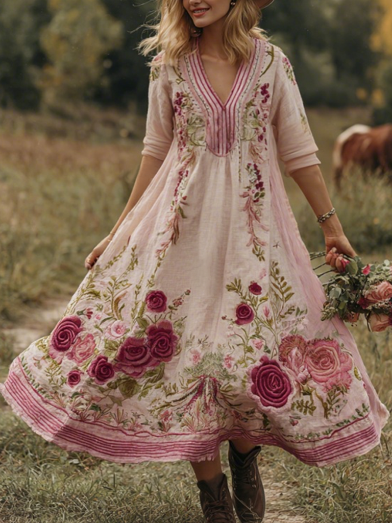 Classy Gradient Pink Roses And Striped  Embroidered Linen Maxi Dress 67f2