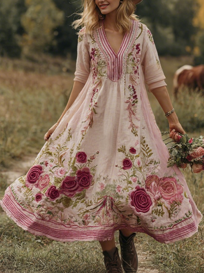 Classy Gradient Pink Roses And Striped  Embroidered Linen Maxi Dress 67f2