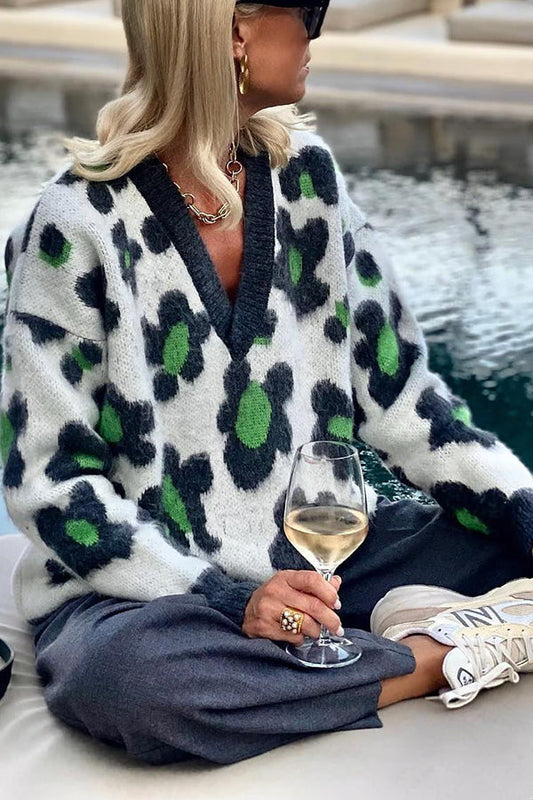 Cosy October Knit Flower Pattern Loose Pullover Sweater