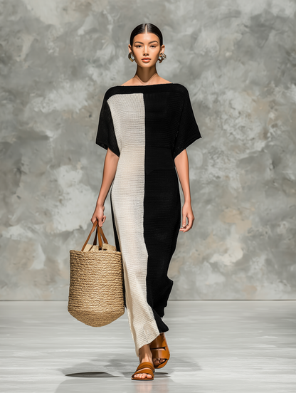 Women's Minimalist Knitted Boat Neck Short-sleeved Maxi Dress MDZ0969A4Y