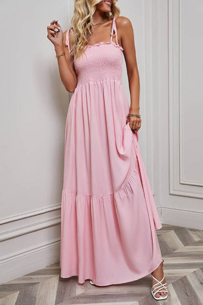 Multi-Color Smocked Tie-Strap Tiered Maxi Dress