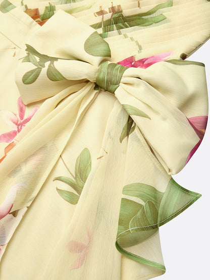 Yellow Floral Bow Chiffon One Shoulder Sleeveless A-Line Maxi Dress