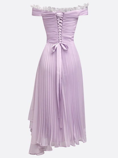 Lavender Ruched Lace Chiffon Off The Shoulder Short Sleeve A-Line Midi Dress