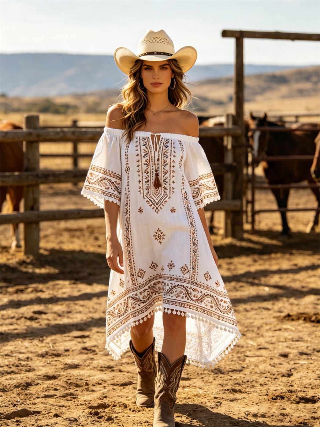 Women's Western Cowboy Cotton Linen Off-Shoulder Boho Dress With Tassel Detailing