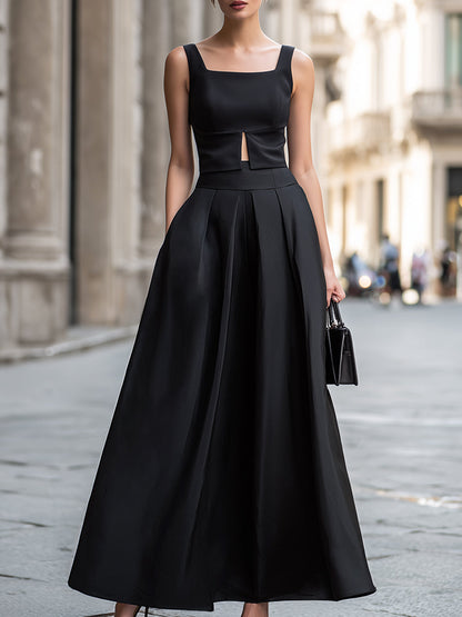 Square Neck Cutout Waist Structured A-Line Midi Dress