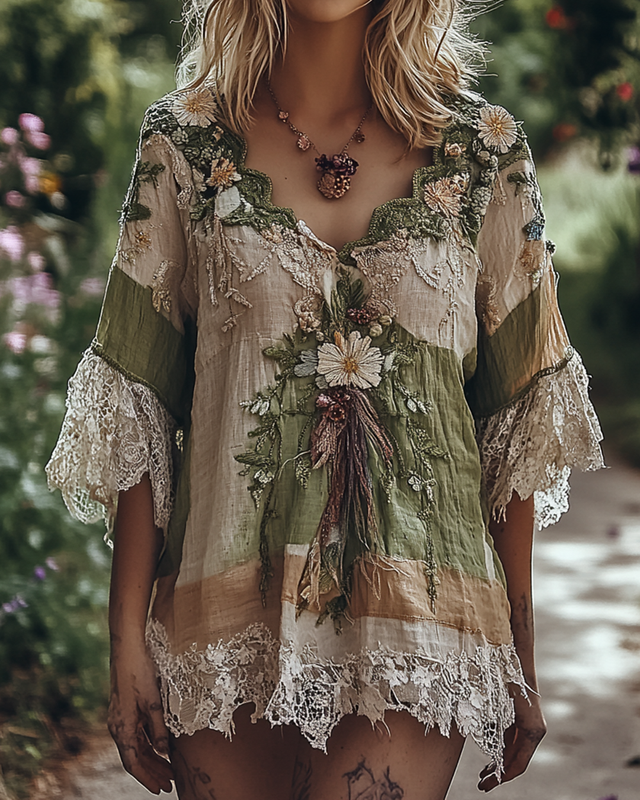 Summer Floral Embroidered Lace Patchwork Comfortable Linen Top bac3