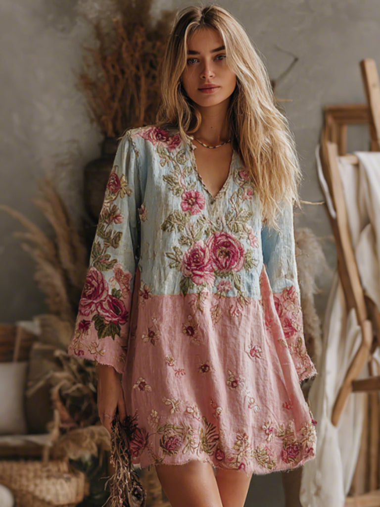Women's V Neck Boho Classy Gradient Pink Roses Embroidered Art Casual Dress
