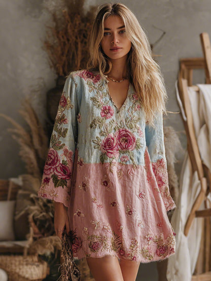 Women's V Neck Boho Classy Gradient Pink Roses Embroidered Art Casual Dress