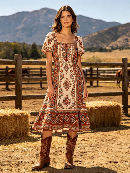 Women's Western Cowboy Printed Boho Midi Dress With Square Neck And Tassel Detail