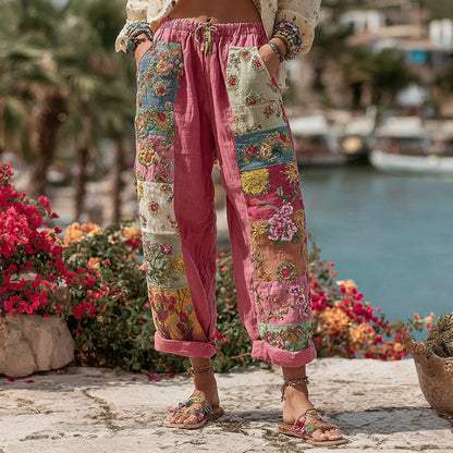 Women's Bohemian Floral Embroidery Art Contrast Color Linen Blend Casual Pants