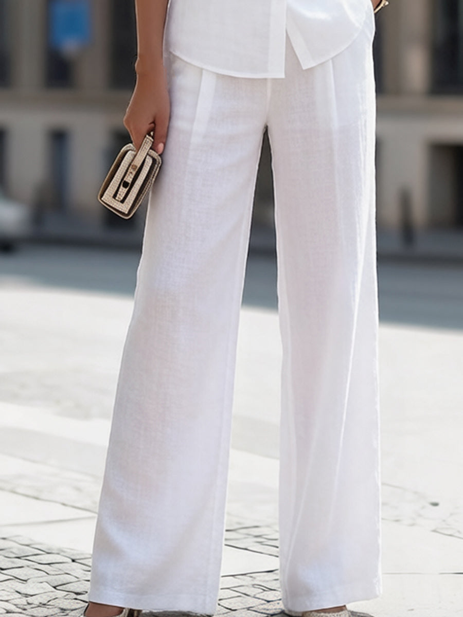 Stand Collar Short-Sleeve Shirt & High-Waisted Wide-Leg Pants Two-Piece Set