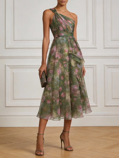 Green Floral Ruched Chiffon One Shoulder Sleeveless A-Line Midi Dress