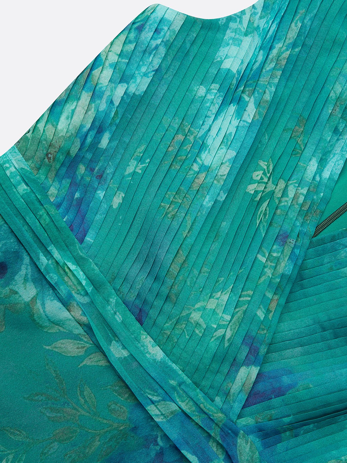 Green Floral Ruched Chiffon V Neck Sleeveless A-Line Maxi Dress
