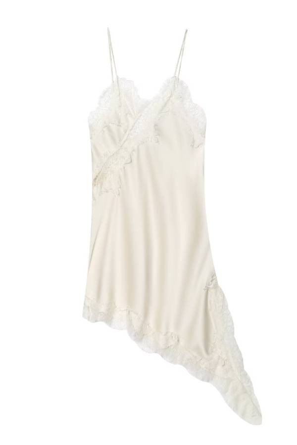 Lace-Paneled Satin Slip Dress with Asymmetrical Hem