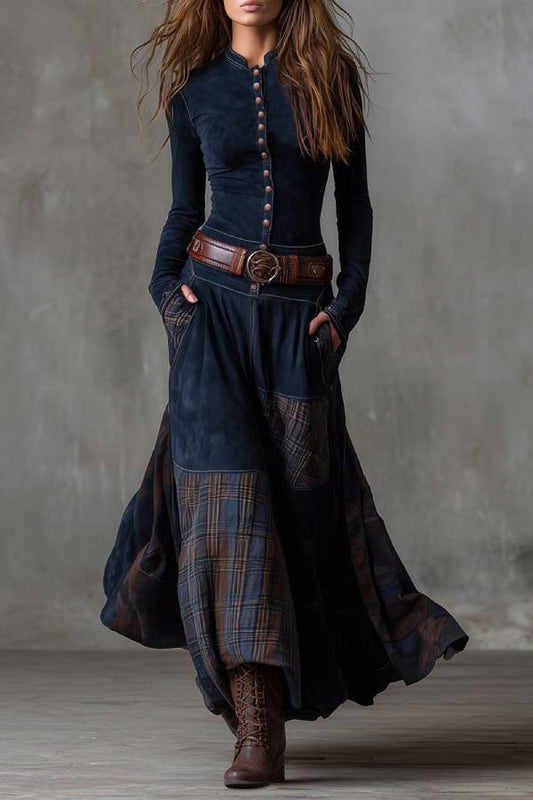 Navy Plaid Paneled Vintage Suede Maxi Dress