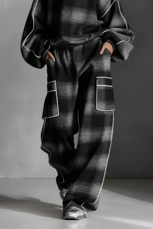 Black and Gray Plaid Color-blocked Sweatshirt and Casual Pants Two-piece set